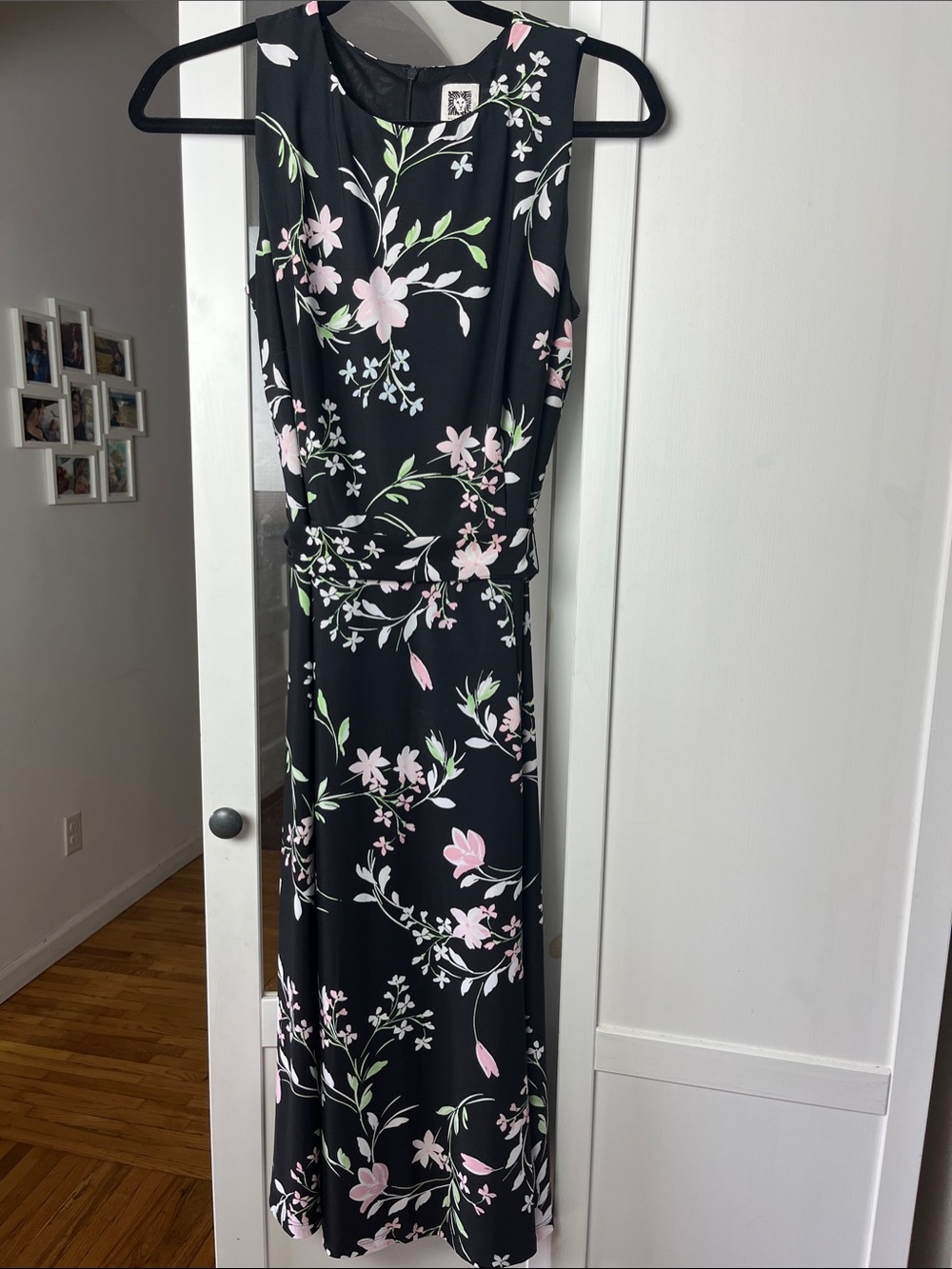 Anne Klein Black Midi Dress with Pink and Green Floral Motif